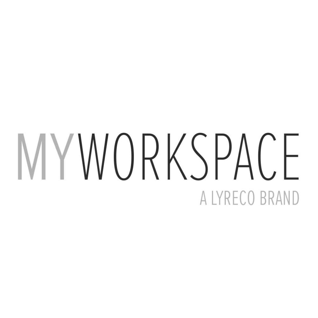 graues und schwarzes MYWORKSPACE Logo mit Schrift in Versalien, eine Marke der Lyreco Deutschland GmbH.