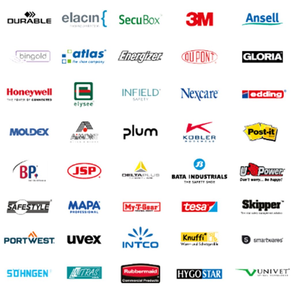 Logos verschiedener Markenpartner von Lyreco für Produkte im Bereich Arbeitsschutz und Sicherheit. Dazu gehören: 3M, Ansell, atlas, Bata Industrials, BP, elacin, Honeywell, Univet, U Power und uvex.