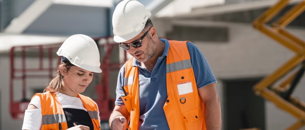 Junge Frau mit Warnweste und Sicherheitshelm sowie Mann mit Warnweste, Sicherheitshelm und Sonnenbrille auf einer Baustelle draußen, während die Sonne scheint.