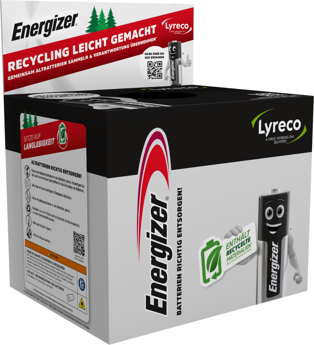 Gemeinsam mit unserem Partner Energizer haben wir von Lyreco die Batterie-Sammelbox ins Leben gerufen – eine praktische Lösung, um das Batterierecycling in Unternehmen zu erleichtern.
