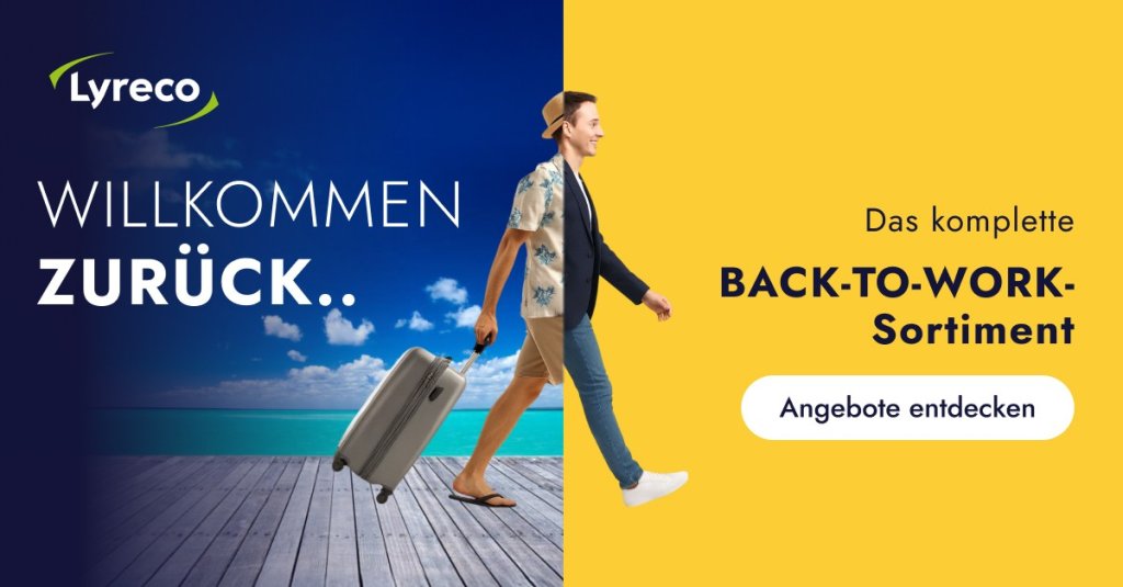 Zwei-geteiltes Bild, links ist das Meer und eine Person mit Koffer zu sehen, rechts geht die Person in Büro-Kleidung. Mit dem Call-To-Action, dass Sie das komplette BACK-TO-WORK-Sortiment von Lyreco entdecken können.