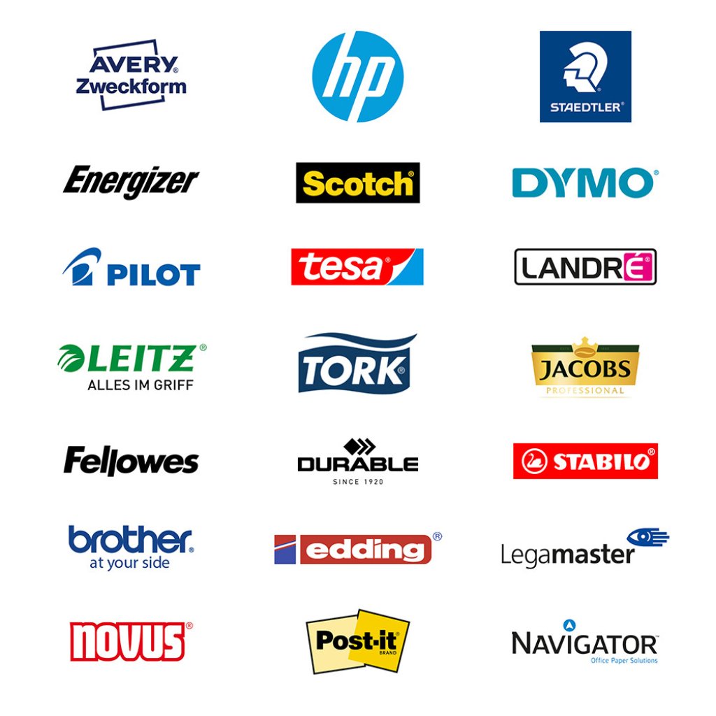 Logos der Office-Markenpartnern von Lyreco, z.B. Avery, hp, Staedtler, Energizer, Pilot, tesa, Leitz, Fellowes, edding, Post-it und Stabilo.