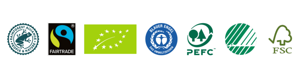 Für bewussten und nachhaltigen Kaffeekonsum können Sie sich an diversen Umweltlabels orientieren, z. B. Rainforest Alliance, FAIRTRADE, Bio, Blauer Engel, PEFC, Nordic Swan und FSC. Nachhaltiger Kaffee berücksichtigt ökologische, soziale und wirtschaftliche Aspekte entlang der gesamten Lieferkette.