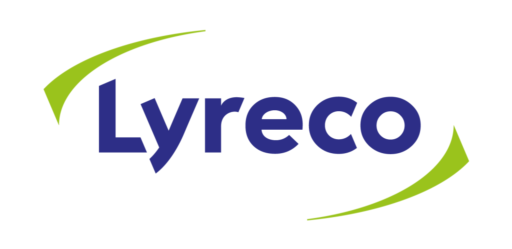 Logo von Lyreco in blauer Schrift und zwei Schwingen in grün.